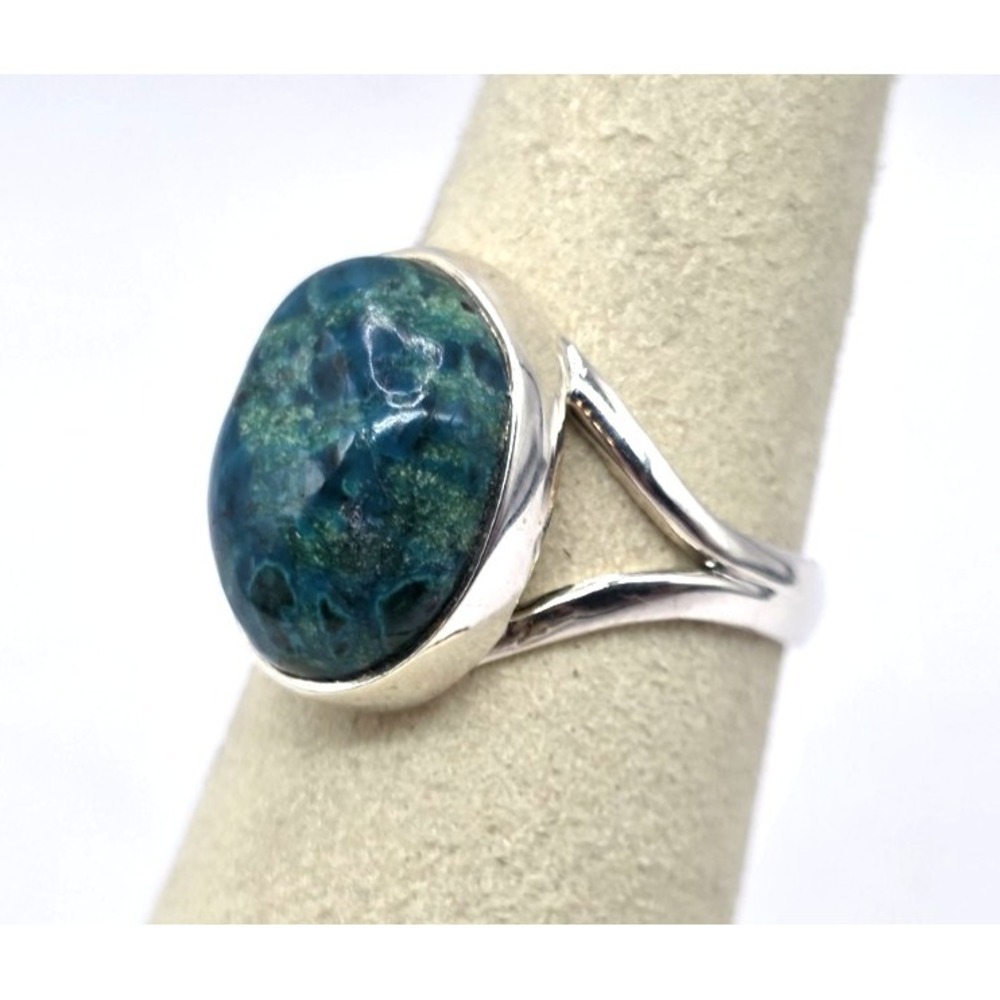Chrysocolla Oval Stone Ring Size 6.75 Sterling Silver 925 Split Shank Handmade